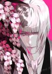  1boy absurdres ajuji_aju bangs bleach blunt_bangs bob_cut flower haori highres hirako_shinji japanese_clothes lily_of_the_valley male_focus open_mouth pink_background pink_theme shaded_face short_hair simple_background taichou_haori teeth twitter_username 