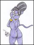  anthro biped black_hair butt el_arca eyeshadow felid feline fur genitals green_eyes hair long_tail looking_back makeup mammal nude pantherine panthy pussy reddragonkan tail traditional_media_(artwork) 