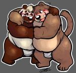  2023 anthro asian_clothing bear belly big_belly black_nose blush clothing duo east_asian_clothing embrace felid fundoshi giant_panda hi_res hug jakegr japanese_clothing male male/male mammal one_eye_closed overweight overweight_male tongue tongue_out underwear white_clothing white_fundoshi white_underwear 