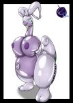  absurd_res animate_inanimate anthro big_breasts breasts curled_tail female generation_6_pokemon goodra green_eyes hi_res holding_breast inflatable living_inflatable looking_at_viewer nintendo nipples nitefire onomatopoeia pokemon pokemon_(species) purple_nipples simple_background smile smirk solo sound_effects text white_background 