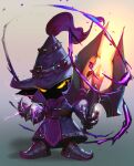  1boy armored_shoes bangs belt brown_belt coat glowing glowing_eyes gradient gradient_background grey_background hat highres holding holding_staff league_of_legends looking_at_viewer magic male_focus nyaamen_fork purple_coat solo staff veigar wizard wizard_hat yellow_eyes yordle 
