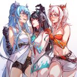  3girls :d arknights bandeau bangs bare_shoulders black_hair black_shorts blue_eyes blue_hair blush commentary_request cowboy_shot dress dusk_(arknights) gradient gradient_background grey_background highres horns lava_(darkxingblack) ling_(arknights) long_hair midriff multicolored_hair multiple_girls navel nian_(arknights) nose_blush open_mouth pencil_dress pointy_ears purple_eyes red_eyes red_hair shirt short_shorts shorts siblings sisters sleeveless sleeveless_dress smile standing stomach strapless streaked_hair tail thighs tongue tongue_out tube_top very_long_hair white_background white_dress white_hair white_shirt white_shorts 