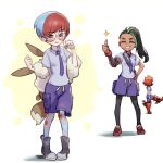  3girls ahoge animal_bag backpack bag bangs black_hair black_pantyhose blue_hair blue_necktie blue_shirt blue_shorts blush boots breasts dark-skinned_female dark_skin eevee glasses green_hair grey_background grin mela_(pokemon) multicolored_hair multiple_girls necktie nemona_(pokemon) pantyhose penny_(pokemon) phantom_ix_row pokemon pokemon_(game) pokemon_sv ponytail red_footwear red_hair round_eyewear school_uniform shiny_hair shirt shoes short_sleeves shorts simple_background small_breasts smile sparkle teeth 