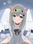  1girl :q absurdres alarm_clock animal_ears aqua_eyes black_choker cat_ears cat_girl cat_tail choker clock dress grey_hair highres indie_virtual_youtuber lamp long_hair long_sleeves looking_at_viewer mask mask_on_head nachoneko pillow polecat_(pixiv_31682054) short_dress sitting sleep_mask spread_legs tail tongue tongue_out virtual_youtuber white_dress 