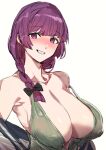  1girl alternate_breast_size bangs blush bocchi_the_rock! bow_(bhp) braid braided_ponytail breasts cleavage clenched_teeth collarbone commentary_request dress green_dress hiroi_kikuri large_breasts long_hair looking_at_viewer purple_eyes purple_hair simple_background smile solo teeth white_background 