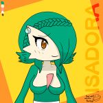  2023 braided_hair breasts brown_eyes bust_portrait character_name cleavage clothed clothing color_swatch ear_piercing ear_ring female gardevoir generation_3_pokemon green_hair hair hair_over_eye hi_res humanoid isadora_(servedwithsalsa) medium_breasts mega_stone nintendo not_furry one_eye_obstructed piercing pokemon pokemon_(species) portrait ring_piercing servedwithsalsa short_hair signature simple_background smile solo yellow_background 