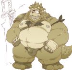  2023 anthro belly big_belly brown_body brown_fur bulge canid canine clothing fur hi_res humanoid_hands kemono male mammal moobs navel nipples overweight overweight_male solo suishou0602 underwear weapon 