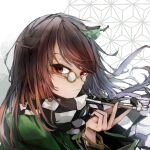  1girl absurdres bangs brown_eyes brown_hair checkered_clothes checkered_scarf closed_mouth futatsuiwa_mamizou futatsuiwa_mamizou_(human) glasses green_kimono highres holding holding_smoking_pipe japanese_clothes kimono kiseru leaf leaf_on_head long_hair long_sleeves looking_at_viewer raccoon_girl safutsuguon scarf simple_background smoking_pipe solo touhou upper_body white_background 