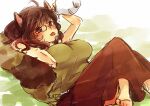  1girl ahoge alcohol animal_ears arm_behind_head armpits bangs breasts brown_eyes brown_hair brown_shirt brown_skirt crossed_legs flip-flops futatsuiwa_mamizou gourd holding_gourd lying on_back raccoon_ears raccoon_girl raccoon_tail sandals sen1986 shirt short_hair sketch skirt sleeveless sleeveless_shirt solo tail tongue tongue_out touhou white_background wine 