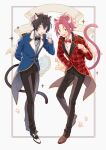  2boys animal_ears bangs bangs_pinned_back black_bow black_bowtie black_hair black_pants bow bowtie brown_footwear buttons cat_boy cat_ears cat_tail clenched_hand coat collared_shirt ensemble_stars! fangs formal full_body gloves green_eyes hair_between_eyes hair_ornament hairclip isara_mao long_sleeves male_focus multiple_boys one_eye_closed open_mouth pants paw_pose paw_print purple_hair red_bow red_bowtie red_eyes sakuma_ritsu seuga shirt short_hair single_glove smile tail whitey 