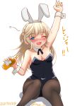  1girl adapted_costume animal_ears black_leotard blue_eyes bottle bow bowtie braid breasts brown_hair brown_pantyhose dated drink drunk kantai_collection leotard open_mouth pantyhose ranger_(kancolle) ray.s sitting twitter_username wavy_mouth 