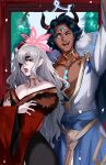  1boy 1girl absurdres animal_ears arm_up askr_(fire_emblem) askr_(new_year)_(fire_emblem) bangs bare_shoulders bat_ears black_hair black_lips blue_eyes blue_gemstone chest_jewel choker circlet cleavage_cutout clothing_cutout cow_horns dark-skinned_male dark_skin embla_(fire_emblem) embla_(new_year)_(fire_emblem) eyepatch fire_emblem fire_emblem_heroes fur-trimmed_kimono fur_trim gem gold_trim gradient_clothes hair_ornament halo highres horns japanese_clothes kimono lace-trimmed_eyepatch long_hair makeup mature_female mature_male medal michael_lavacca new_year outdoors pale_skin red_eyes sash sky tail torii tree white_hair 