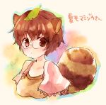  1girl alternate_hair_length alternate_hairstyle animal_ears bangs breasts brown_eyes brown_hair brown_shirt dot_mouth futatsuiwa_mamizou glasses leaf leaf_on_head looking_at_viewer raccoon_ears raccoon_girl raccoon_tail sen1986 shirt short_hair simple_background solo tail touhou upper_body white_background 