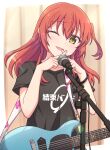  1girl ;d bangs black_shirt blush bocchi_the_rock! clothes_writing collarbone e20 electric_guitar green_eyes guitar hair_between_eyes head_tilt highres instrument kita_ikuyo looking_at_viewer microphone microphone_stand one_eye_closed one_side_up red_hair shirt short_sleeves smile solo sweat upper_body x_fingers 