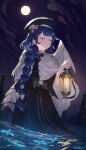  absurdres amamiya_kokoro bell beret black_dress blue_hair bow capelet dress feathered_wings full_moon hat highres holding holding_lantern lantern long_hair long_sleeves mia_(39565899) moon night night_sky nijisanji outdoors partially_submerged sky very_long_hair virtual_youtuber water white_capelet white_wings wings 