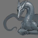  ambiguous_gender dragon feral grey_body grey_eyes grey_scales hi_res horn long_neck long_snout long_tail looking_at_viewer lying meandraco on_front scales scalie simple_background snout solo spines tail thick_neck thick_tail wingless_dragon 