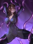  1girl arms_up artist_name bangs black_thighhighs bodysuit boots breasts brown_eyes brown_hair cameltoe collarbone facial_mark grey_bodysuit hair_between_eyes imminent_rape kai&#039;sa large_breasts league_of_legends legs_apart long_hair parted_lips purple_background shiny_hair sleepingsol solo spread_legs tentacles thigh_boots thighhighs 