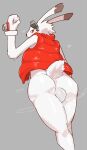  anthro anus balls biped bodily_fluids bottomless clothed clothing eyewear fist genitals goggles hi_res king_kazma lagomorph leporid looking_back male mammal rabbit rear_view red_eyes simple_background solo solterv summer_wars sweat white_body 