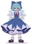  1girl absurdres ahoge black_footwear blue_bow blue_dress blue_eyes blue_hair blush_stickers bow cirno collared_shirt detached_wings dress fairy fang full_body hair_bow highres ice ice_wings kame_(kamepan44231) looking_at_viewer open_mouth puffy_short_sleeves puffy_sleeves shirt shoes short_hair short_sleeves simple_background skin_fang smile solo standing touhou white_background white_shirt wings 