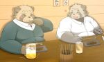  2023 alcohol anthro beer belly beverage big_belly canid canine clothing detailed_background duo food hi_res kemono male mammal overweight overweight_male raccoon_dog shirt sitting tai_tanuki tanuki topwear 
