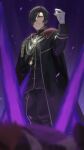  1boy absurdres black_coat black_hair black_jacket black_pants blurry blurry_foreground closed_mouth coat e5nf8v fire_emblem fire_emblem:_three_houses fire_emblem_warriors:_three_hopes from_below gloves green_eyes hair_over_one_eye highres hubert_von_vestra jacket long_sleeves looking_at_viewer male_focus official_alternate_costume official_alternate_hairstyle pants purple_background shiny_hair short_hair smile solo standing white_gloves 