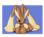  anthro big_breasts black_sclera blue_background breast_squish breasts brown_body color_edit colored digital_drawing_(artwork) digital_media_(artwork) edit female generation_4_pokemon hi_res joaoppereiraus lagomorph linkido looking_at_viewer lopunny lying mammal nintendo on_front pokemon pokemon_(species) shaded simple_background solo squish 