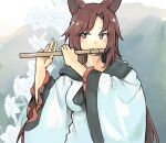  animal_ears breasts brown_hair dress flute ginnkei highres holding imaizumi_kagerou instrument long_hair long_sleeves medium_breasts music playing_instrument red_eyes touhou upper_body very_long_hair white_dress wide_sleeves wolf_ears wolf_girl 