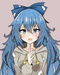  1girl bangs blue_bow blue_eyes blue_hair bow debt drawstring fang grey_background hair_bow highres long_hair long_sleeves looking_at_viewer nono54558 one-hour_drawing_challenge simple_background skin_fang solo touhou upper_body yorigami_shion 