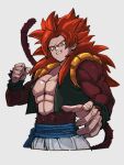  1boy blue_eyes clenched_hand clenched_teeth dragon_ball dragon_ball_gt fingernails gogeta grey_background kemachiku long_hair looking_at_viewer male_focus monkey_tail red_hair simple_background solo super_saiyan super_saiyan_4 tail teeth 