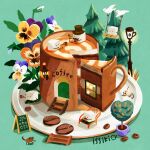  artist_name bird cafe cake cat chair coffee coffee_beans commentary_request cup dog flower food food_focus issiki_t lamppost marshmallow menu_board no_humans original sugar_cube tree 