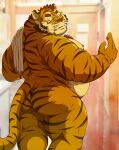  2023 anthro belly blush butt felid hi_res kemono male mammal moobs nipples overweight overweight_male pantherine raichoclub solo tiger towel towel_on_shoulder 