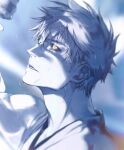  1boy black_sclera bleach close-up colored_sclera colored_skin hair_between_eyes highres hollow_ichigo japanese_clothes looking_up male_focus open_mouth rain short_hair spiked_hair tobu_0w0 white_hair white_skin yellow_eyes 