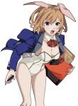  1girl :o animal_ears bag blue_eyes bow breasts brown_hair covered_navel detached_collar fake_animal_ears fake_tail highres holding holding_bag jacket leotard looking_at_viewer miyamori_aoi open_clothes open_jacket playboy_bunny rabbit_ears rabbit_tail saito_aoba shirobako short_hair solo strapless strapless_leotard tail white_background white_leotard 
