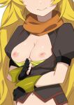  black_gloves blonde_hair blush breasts breasts_out closed_mouth fingerless_gloves gloves head_out_of_frame highres long_hair looking_at_viewer medium_breasts morisobo navel nipples pulled_by_self rwby simple_background white_background yang_xiao_long 
