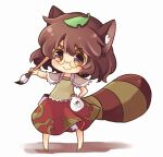  1girl animal_ears bangs brown_eyes brown_hair brown_shirt brown_skirt calligraphy_brush chibi closed_mouth futatsuiwa_mamizou glasses gourd holding holding_brush leaf leaf_on_head looking_at_viewer lowres paintbrush raccoon_ears raccoon_girl raccoon_tail sen1986 shirt short_hair short_sleeves simple_background skirt smile solo standing tail touhou white_background 