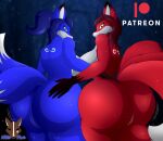  2_tails 3_tails anthro big_butt blue_body blue_fur breasts butt canid canine duo female fox fur looking_at_viewer looking_back looking_back_at_viewer mammal multi_tail nitefire patreon patreon_logo red_body red_fur tail 