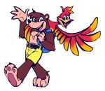  2022 4_fingers anthro avian backpack banjo-kazooie banjo_(banjo-kazooie) beak bear belt bird black_nose blue_eyes bottomwear brown_body brown_fur claws clothing eyelashes feathers female feral fingers fur green_eyes greeting head_tuft heart_in_mouth hi_res humanoid_hands jewelry kazooie male mammal necklace open_mouth pawpads rareware red_body red_feathers shorts teeth tuft utter_dismae yellow_body yellow_bottomwear yellow_clothing yellow_feathers yellow_shorts 