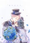  2boys bangs black_gloves black_hair black_headwear blue_flower bouquet crying ensemble_stars! flower gloves hand_on_another&#039;s_head hat hat_ornament holding holding_bouquet itsuki_shu kagehira_mika kanji male_focus multiple_boys multiple_views open_mouth petals pink_hair seuga short_hair simple_background streaming_tears tears valkyrie_(ensemble_stars!) white_background 