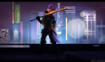  anthro city city_background clothed clothing cyberpunk hi_res hyena katana male mammal melee_weapon night science_fiction shido-tara solo standing sword weapon 