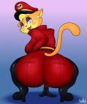  2020 anthro big_breasts big_butt blonde_hair bottomwear breasts butt clothing crouching domestic_cat felid feline felis female fur hair hat head_tuft headgear headwear hi_res huge_butt lilly_(vimhomeless) looking_at_viewer looking_back mammal military military_cap military_uniform multicolored_body multicolored_fur open_mouth orange_body orange_eyes orange_fur pink_nose smile solo topwear tuft two_tone_body two_tone_fur uniform wide_hips xmetalhusky yellow_body yellow_fur 