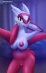  anthro bed bedroom belly blubluumon bow_ribbon breasts butt claws dragon fangs female furniture generation_3_pokemon genitals hand_behind_head hi_res latias legendary_pokemon nintendo nipples nude pokemon pokemon_(species) pussy ribbons smile solo teeth tongue tongue_out wings 