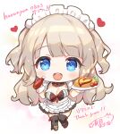  1girl :d absurdres apron bangs black_skirt black_thighhighs blue_eyes boots bottle breasts brown_footwear brown_hair chibi cleavage commentary_request commission food frilled_apron frills full_body heart highres holding holding_bottle holding_plate ketchup ketchup_bottle large_breasts long_hair maid maid_headdress natsuki_marina omelet omurice original pixiv_commission plate puffy_short_sleeves puffy_sleeves short_sleeves signature skirt smile solo thank_you thighhighs thighhighs_under_boots translation_request two_side_up very_long_hair white_apron wrist_cuffs 