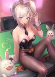  1girl :p bangs bare_shoulders battle_bunny_riven belt black_leotard breasts brown_belt brown_pantyhose carrot cleavage detached_collar hand_up highres large_breasts league_of_legends leotard necktie nyaamen_fork official_alternate_costume pantyhose poro_(league_of_legends) riven_(league_of_legends) shiny_clothes short_necktie sitting sitting_on_table smile tongue tongue_out wrist_cuffs 
