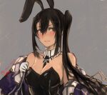  1girl absurdly_long_hair animal_ears between_breasts black_hair blush breasts cleavage collar collarbone dress gloves hair_between_eyes hair_over_shoulder highres kantai_collection long_hair looking_to_the_side messy_hair moor nachi_(kancolle) nachi_kai_ni_(kancolle) necktie necktie_between_breasts one_side_up playboy_bunny purple_dress rabbit_ears side_ponytail simple_background twitter_username very_long_hair white_gloves 