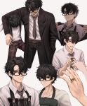 2boys aged_up amamiya_ren andrich_galam apron bangs belt belt_buckle black-framed_eyewear black_apron black_eyes black_hair black_jacket blush brown_belt buckle collared_shirt commentary dual_persona english_commentary green_apron hair_between_eyes highres jacket jewelry long_sleeves male_focus messy_hair multiple_boys necktie open_clothes open_jacket pants persona persona_5 plaid plaid_pants ring shirt short_hair simple_background suspenders sweatdrop swept_bangs time_paradox wedding_ring white_background white_shirt 