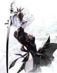  1girl bangs black_blindfold black_dress blindfold bob_cut closed_mouth cofffee dress holding holding_sword holding_weapon katana long_sleeves nier_(series) nier_automata short_hair solo sword thighhighs thighs weapon white_hair yorha_no._2_type_b 