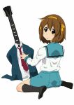  1girl alternate_costume bangs black_socks blazer blue_sailor_collar blue_skirt blush brown_eyes brown_hair collared_shirt commentary_request cosplay electric_guitar from_behind full_body green_jacket guitar hair_ornament hairclip hirasawa_yui instrument jacket k-on! kita_high_school_uniform kneehighs long_sleeves looking_at_viewer looking_back necktie parody parted_lips pleated_skirt red_necktie sailor_collar school_uniform serafuku shirt short_hair simple_background sitting skirt socks solo suzumiya_haruhi suzumiya_haruhi_(cosplay) suzumiya_haruhi_no_yuuutsu uguisu_(happy_turn) white_background white_shirt winter_uniform 