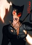  1girl animal_hood blood blood_from_mouth breasts cat_hood catwoman cleavage collar dc_comics highres holding holding_whip hood injury jacket large_breasts leather leather_jacket licking_lips looking_at_viewer open_mouth red_lips sunglasses teeth tobu_0w0 tongue tongue_out whip 