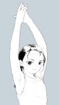  1girl arms_up blue_background blush closed_mouth commentary flat_chest highres looking_at_viewer low_ponytail monochrome original own_hands_together ponytail satsuyo shiny_hair simple_background smile solo stretching upper_body 