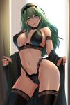  1girl aegis_(nerocc) black_bra black_panties black_thighhighs blush bra breasts byleth_(female)_(fire_emblem) byleth_(fire_emblem) earrings fire_emblem green_eyes green_hair hairband highres jewelry large_breasts long_hair looking_at_viewer panties parted_lips smile solo thighhighs underwear 